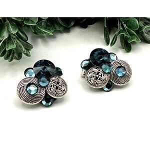 Vintage-Style Clip-On Earrings With Blue Rhinestones & Textured Metal Accents